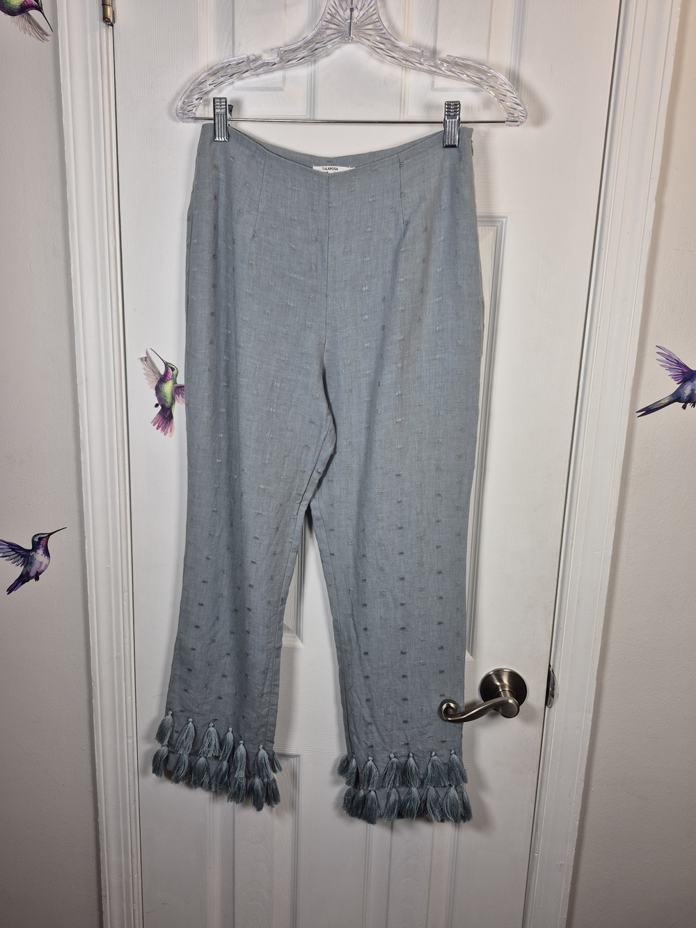 Tularosa Blue 100%  Linen Tassel Hem Ankle Pants Cottagecore Coastal Grandma S